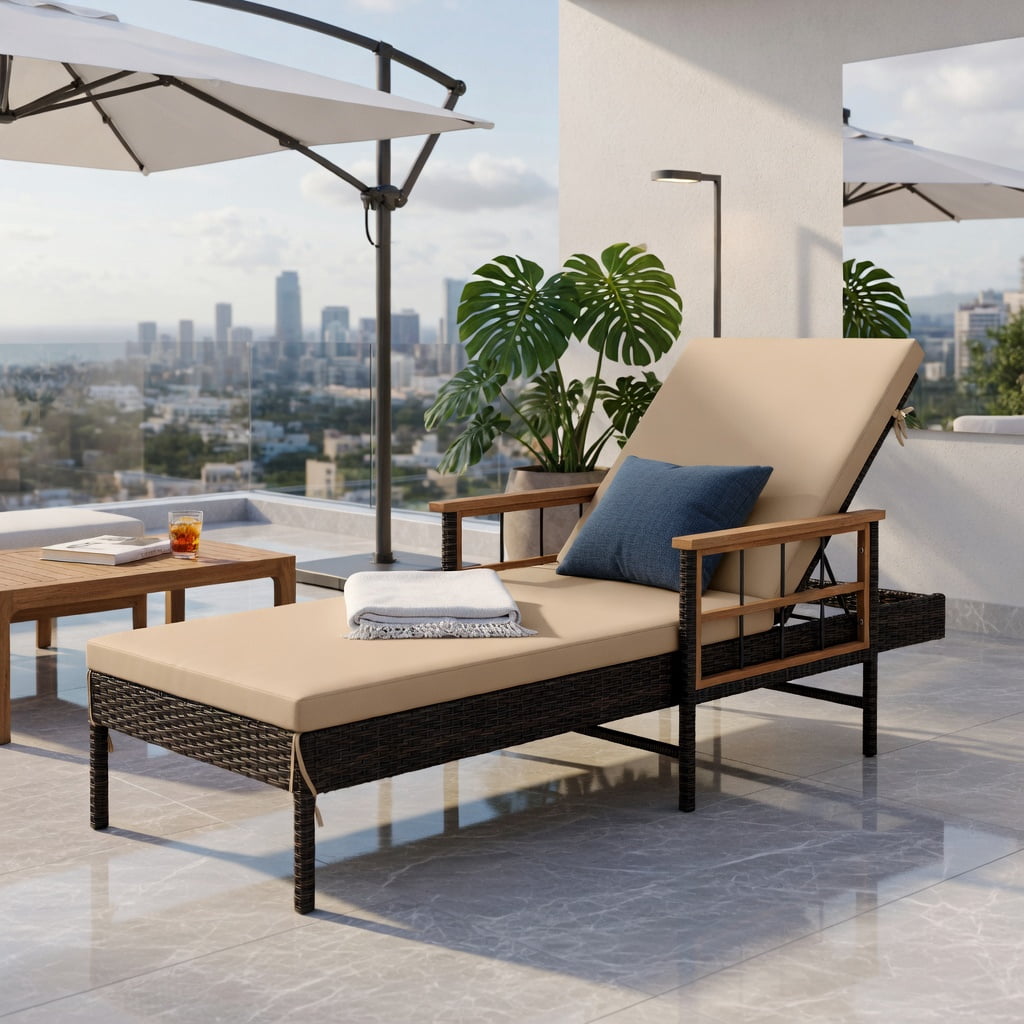 Hommoo Outdoor Chaise Lounge Chair with 4-Position Adjustable Backrest, Cushions, PE Rattan & Acacia Wood Frame, White