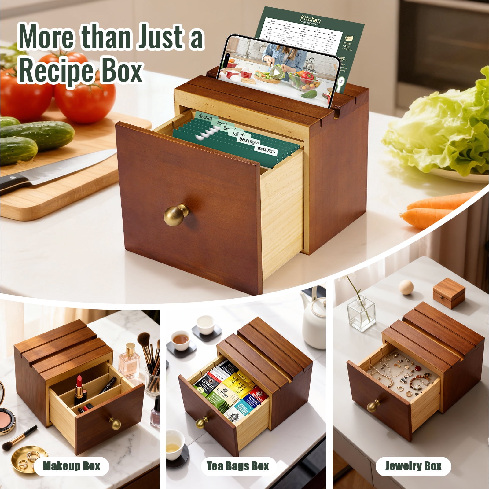 Recipe Box with Cards and Dividers, Wooden Recipe Box Set with 100 Recipe Card 4x6 with Protectors, Vintage Decorative Recipes Organizer