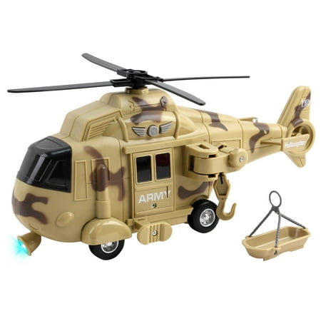 Vokodo Military Helicopter 11 With Lights Sounds Push And Go Includes Rescue Basket Durable Toy Friction Power Kids Army Soldier Chopper Pretend Play Truck Great Gift For Children Boys Girls Toddlers