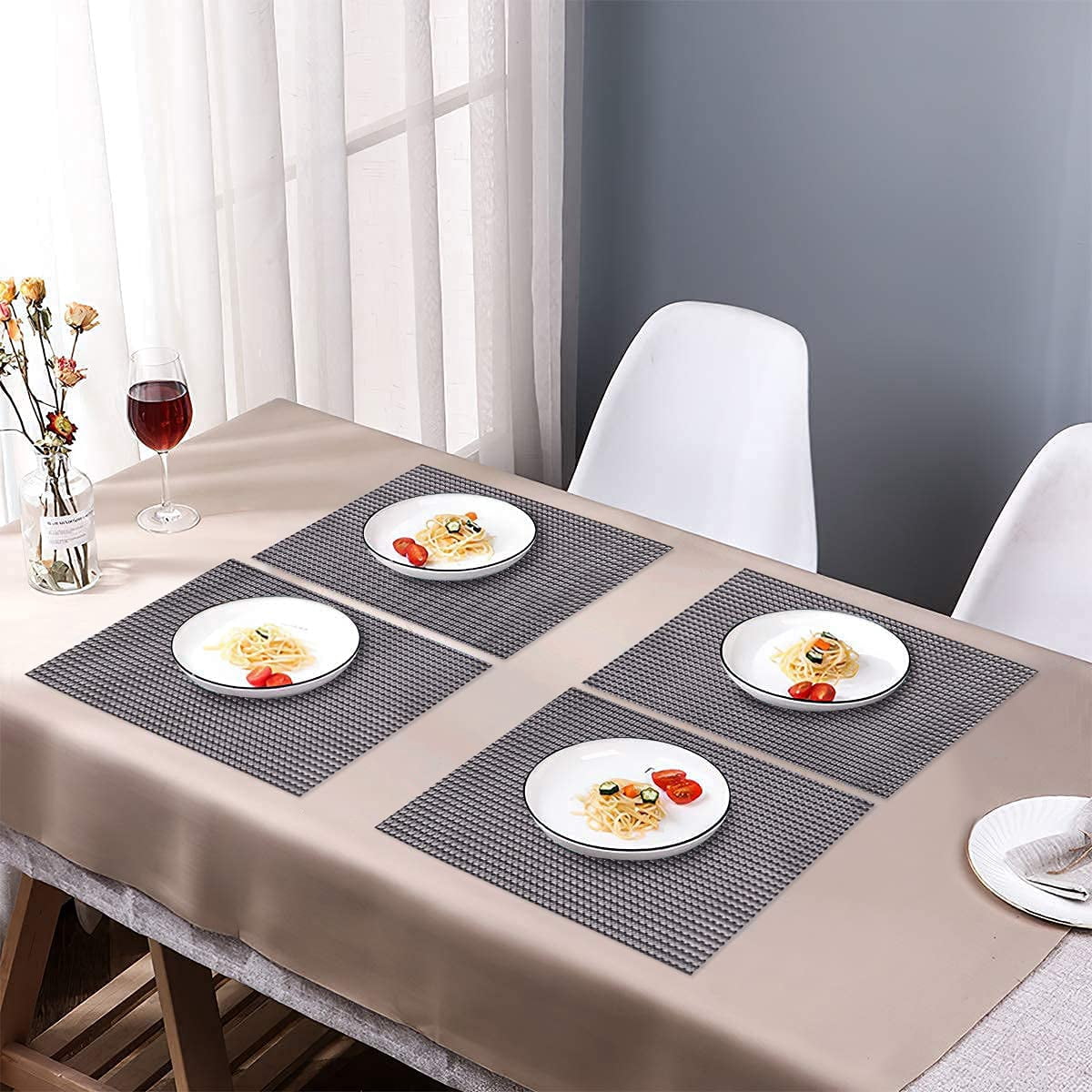Placemats Set of 12 for Dining Table, Table Placemats, Rectangular PVC Vinyl, 18x12 Inches - Black Brown