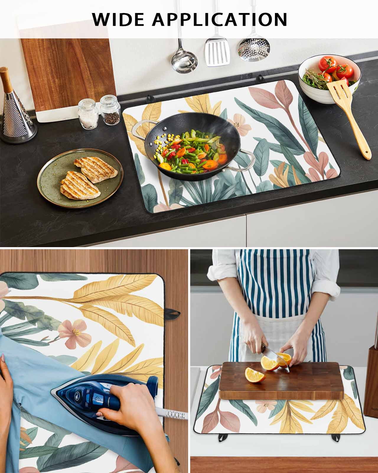 nqOlkjepod Large Induction Cooktop Protector Mat 36"x21", Yellow Green Leaves Stove Top Covers for Electric Stove, Retro Watercolor Floral Decorative Stove Burner Cover Mats, Glass Top Stove Cover