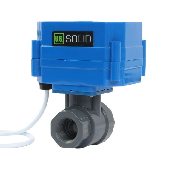 U. S. Solid IP65 Motorized Ball Valve 1/2 in NPT Standard Port UPVC AC/DC 9-36V 2 Wire Auto Return Wiring Normally Open Blue Casing