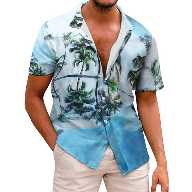LSLJS Mens T-shirt Men Hawaiian Short Sleeve Beach Shirt Printed Summer  Casual Button Down Shirts on Clearance 