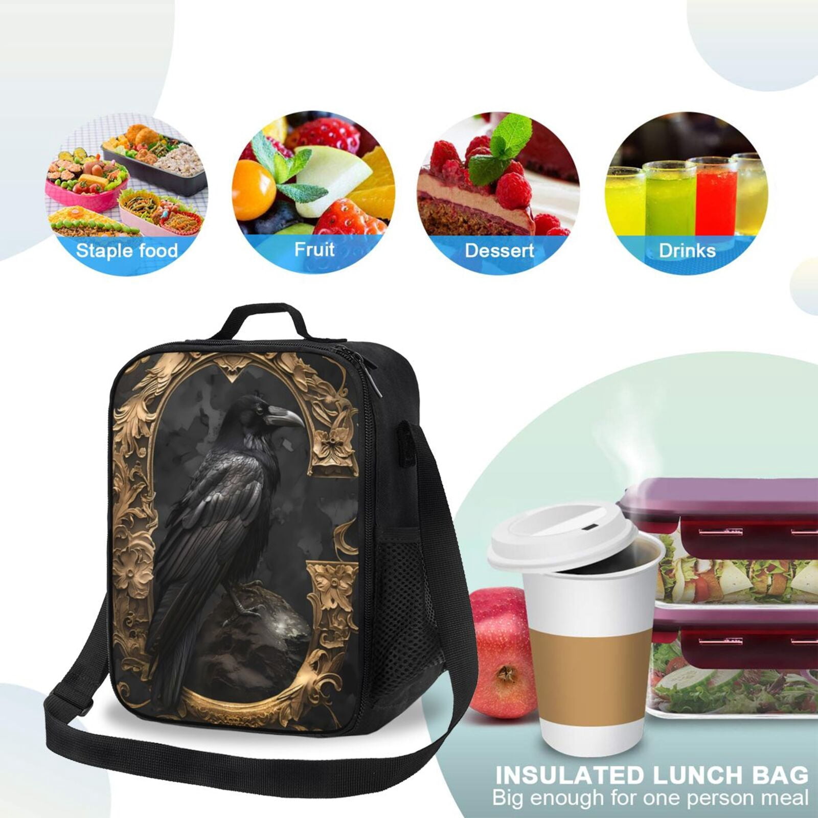 Ratiio Gothic Raven Portrait Print Lunch Box - Reusable Lunch Bag Men Adult Women- Insulated LunchBox