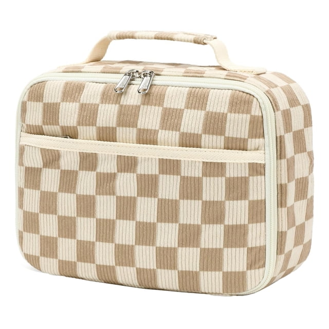 Primegos Kids Insulated Lunch Bag Corduroy Lunch Box with a beige and white checkered pattern. Designed with a spacious aluminum-insulated interior to keep meals fresh for hours, compatible with ice packs. Features an external pocket with a two-way zipper for storing essentials like keys or a phone. Lightweight and durable, ideal as a lunch tote or cooler organizer for school, work, or picnics.
