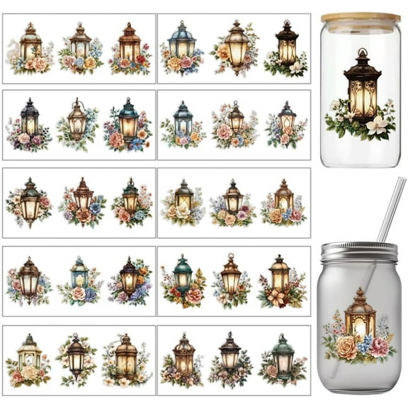 10 Sheets UV DTF Cup Wrap Transfer Sticker Rose Retro Lantern Flower Rub on Transfers Decal for 16OZ Glass Cups Furniture Craft Wood DIY Crafts 24x11cm/9.4x11inch