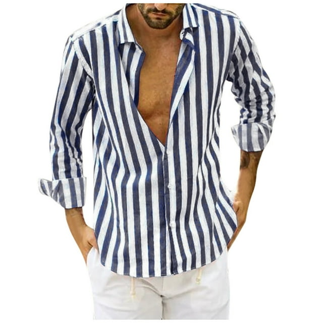 LOVZFMLL Men's Shirts, Striped Fashion Button-Down Shirt, Casual Essential Versatile Everyday, V-Neck Relaxed Fit Long Sleeve Fall Clothes