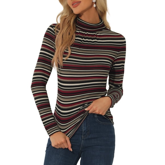 Women's Long Sleeve Turtleneck Tops Stretch Slim Christmas Xmas Party Shirt M Black Striped