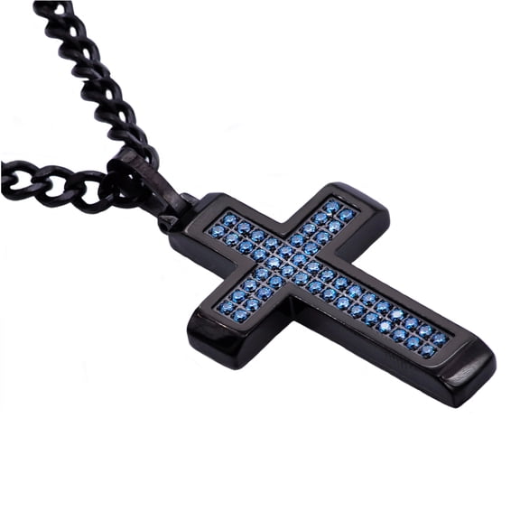 Arista Blue Cubic Zirconia Diamonds Men's Cross Pendant in Black Plated Stainless Steel, 24"