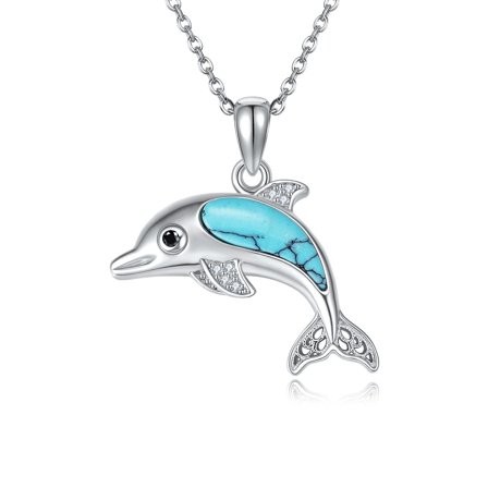 Dolphin Necklace 925 Sterling Silver Turquoise Pendant Ocean Animal Jewelry Gift for Women Wife Mom Birthday Christmas