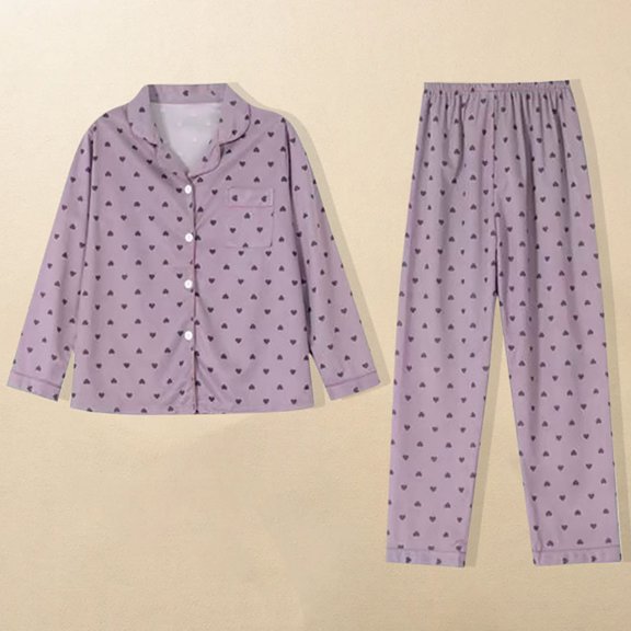 Gapacks Womens Purple Heart Print Pajama Set - Polyester Spandex Soft Stretchy 2-Piece Long Sleeve Top & Pants, M-XXL for Home Sleep Lounge,Size L