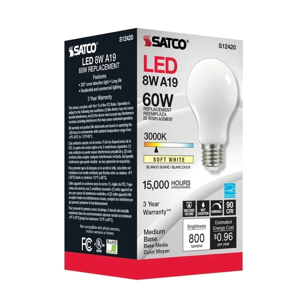 8.2W LED A19 - Soft White - Medium Base - 3000K - 90 CRI - 120V - 6-Pack