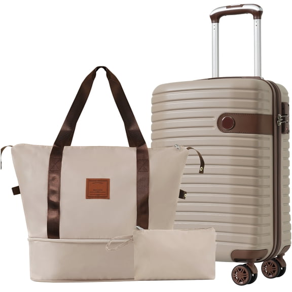 Airline Approved 20 Inch Carry On Luggage 3 Piece Set, Lightweight Hardshell ABS Suitcase with 360° Wheels & TSA Lock, Khaki