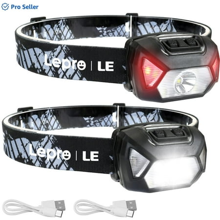 Lepro Rechargeable LED Headlamps, 2-Pack 2000Lux Bright with 6 Modes, Adjustable Headband, IPX4 Waterproof, USB Cable Included, for Camping and Hiking
