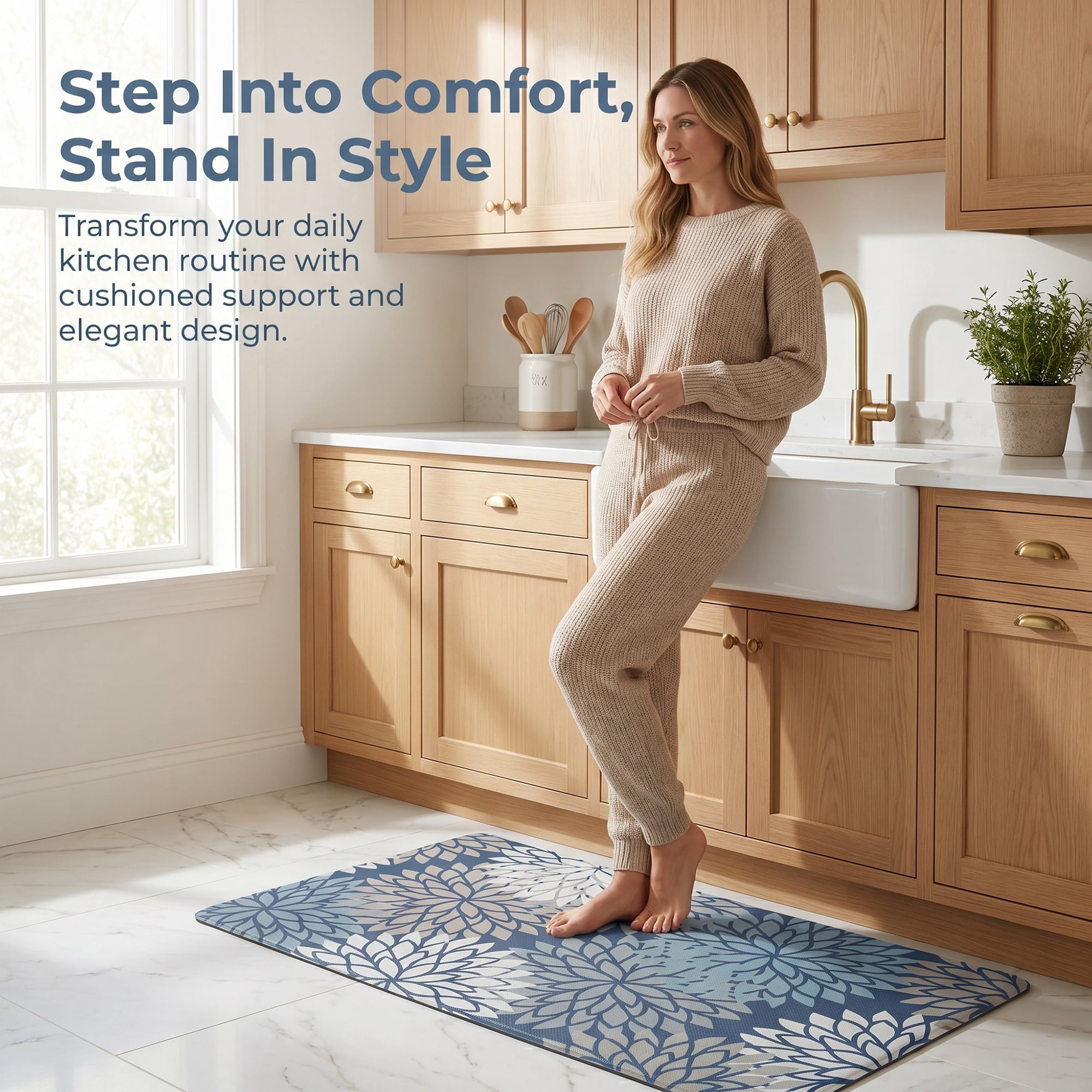 Unique Bargains Ergonomic Kitchen Mats Blue Flower 30" x 17"