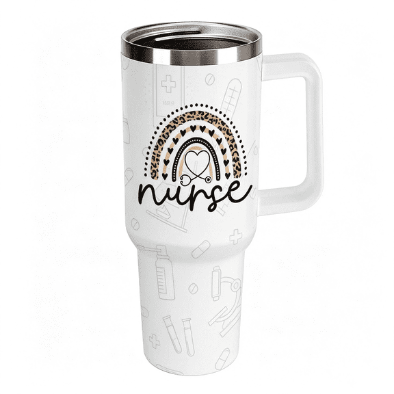 40 oz Leopard Rainbow Nurse Tumbler with Handle and Straw, Insulated Stainless Steel Travel Cup for Nurse Gifts