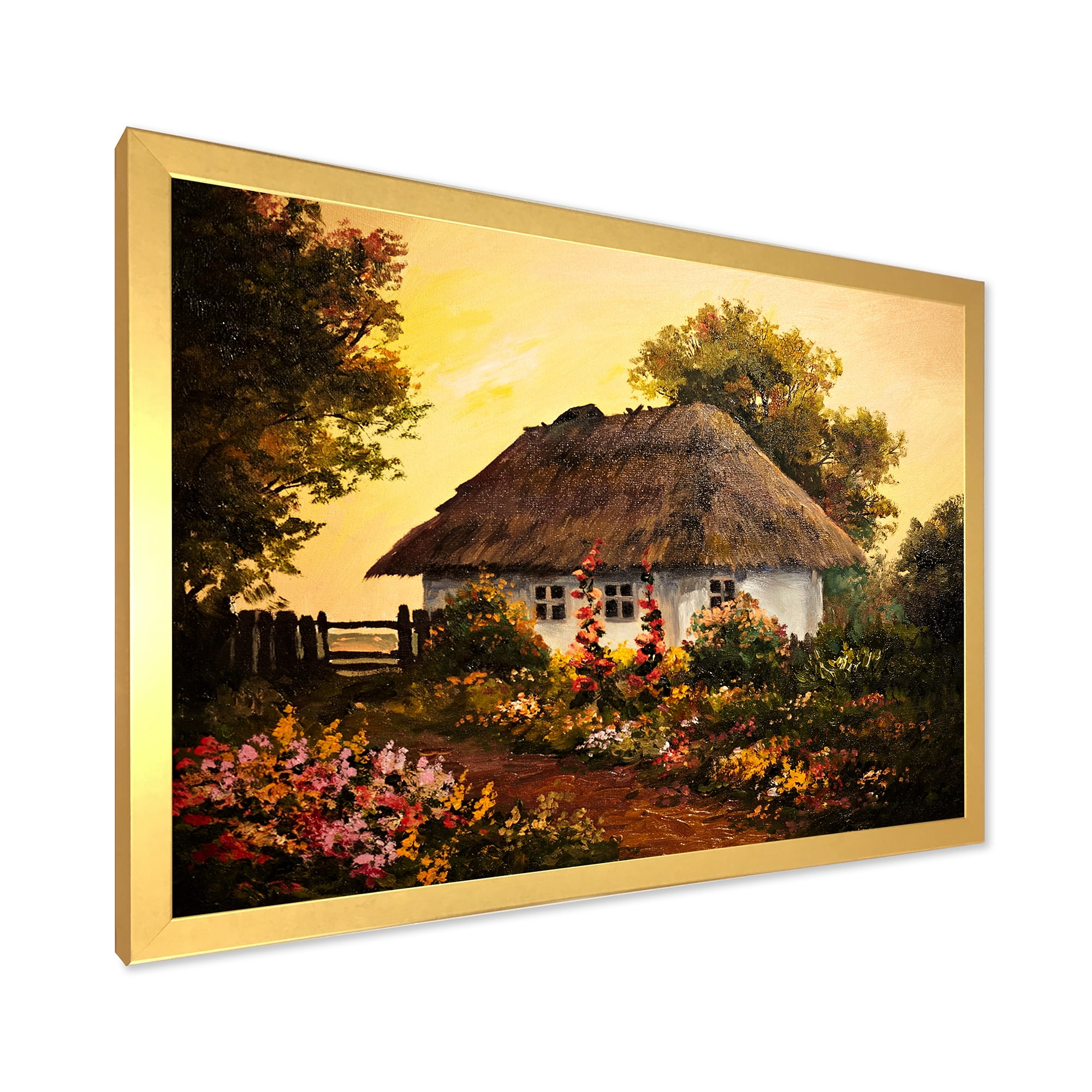 Designart 'Traditional Cottage At Sunset In Autumn Flowers' Traditional Framed Art Print