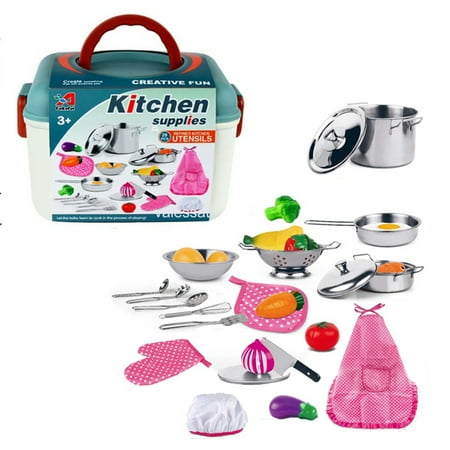 Stainless Steel BOX Kitchen Set and Food Play Kitchen Toys Cooking Set 29 Pieces for toddlers Preschoolers Kids Girls Boys Age 3-7 Years by VALESSATI