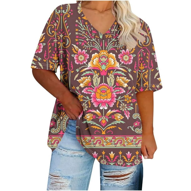 Camisetas Casuales de las Mujeres de Manga Corta de Cuello en V Oversized Camiseta Deportiva de Verano, Top Impreso Casual