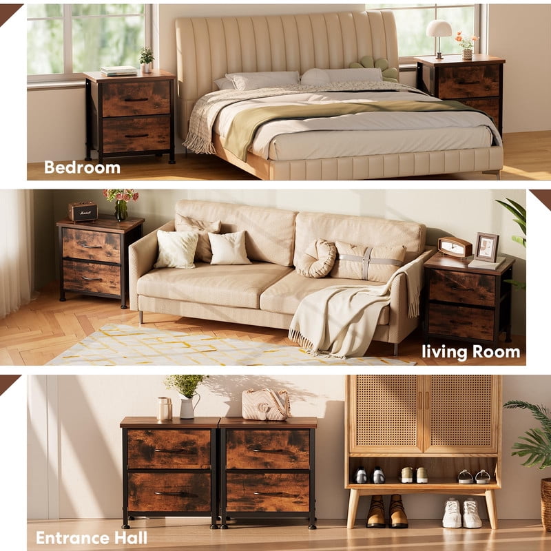 Simple Deluxe Nightstand 2 Drawers Dresser for Bedroom, 3-Tier Bedside Table with Fabric Bins, Night Stand Set 2, End Table for Living Room, wood top Load-bearing up to 44 lb