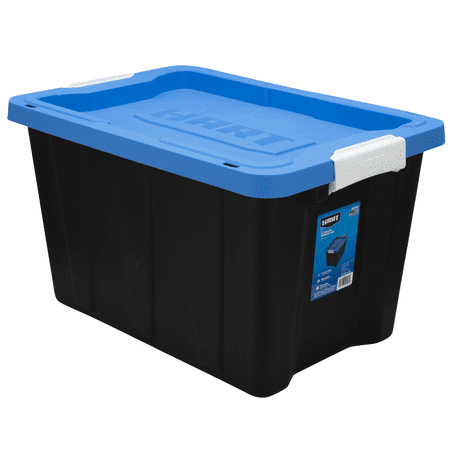 HART 12 Gallon Latching Plastic Storage Bin Container, Black with Blue Lid, Set of 4