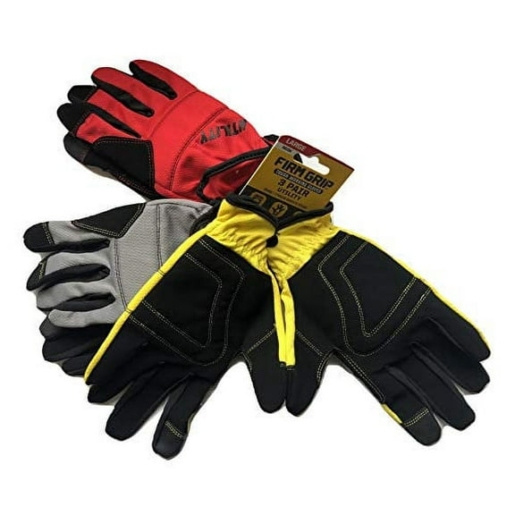Firm Grip Laces Padded Palm & Knuckles Unisex Utility Work Gloves, Large, Red/Gray/Yellow, Count Per Pack "3"