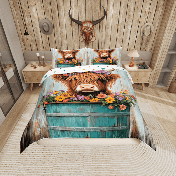 Erosebridal Watercolor Highland Cow Duvet Cover Twin, Coloral Blossoms Bedding Sets Twin Size, Old Barn Door Bedroom Decor, Reversible 2pcs (No Comforter)