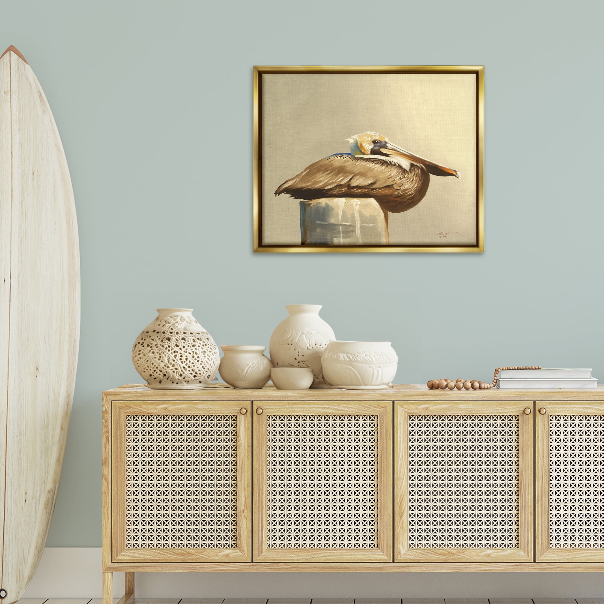 Stupell Industries Pelican Resting on Dock Animals & Insects Painting Gold Floater Framed Canvas Art Print Wall Art, 31 x 25