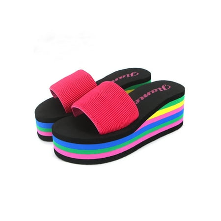 

Colisha Ladies Platform Sandal Slip On Wedge Sandals Open Toe Summer Slides Bath Non-Slip Shoes Color Block Heels Shoe Rose Red 7