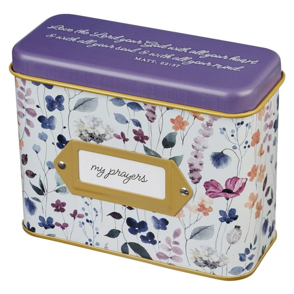 Christian Art Gifts Scripture Verse Prayer Devotional Cards for Women & Teens: My Prayers 50 Colorful Inspirational Double-Sided Cards, Sturdy White & Purple Floral Gift Storage Tin