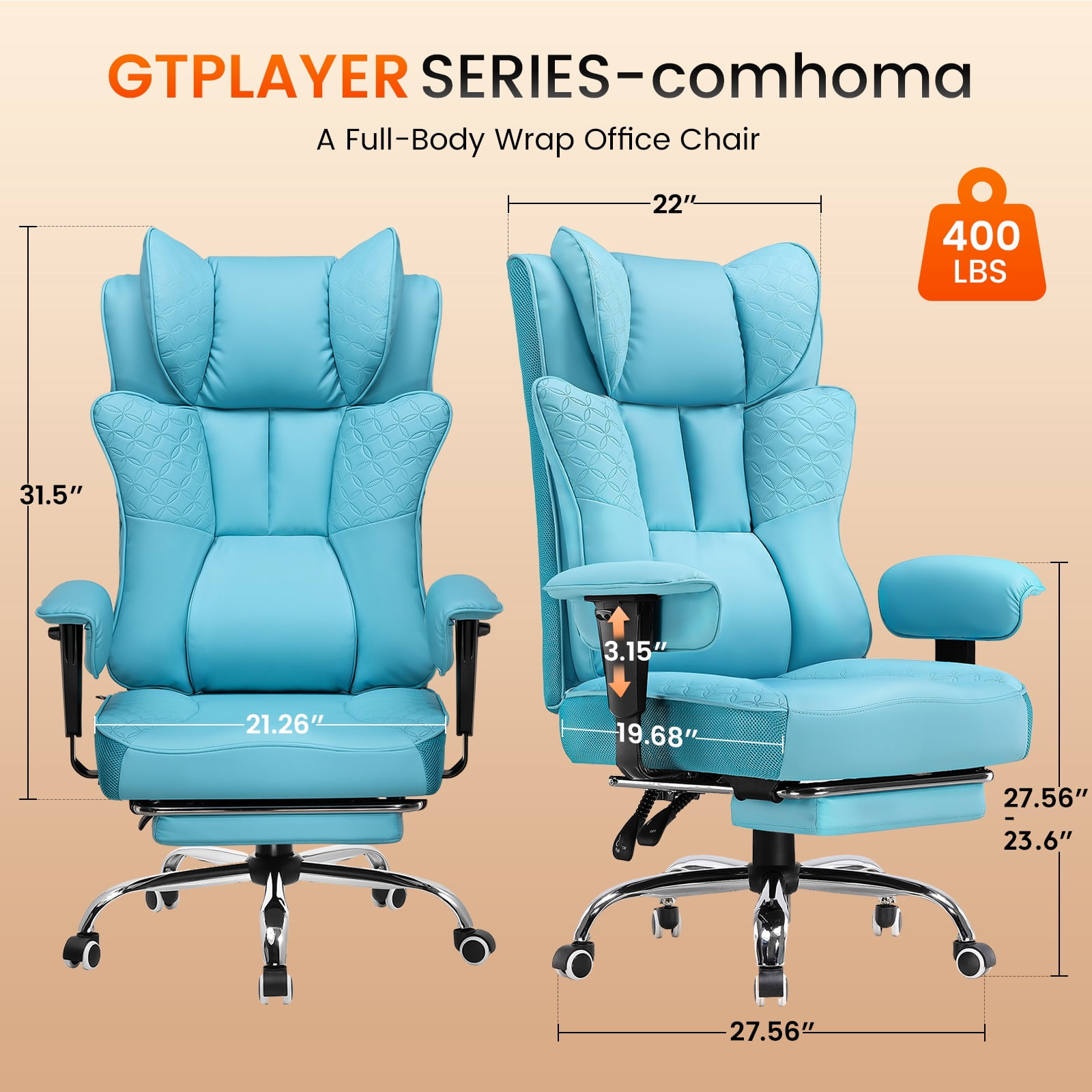 CloudRest Pro 400lbs Executive heavy duty office chair, High Back Ergonomic Computer Desk Chair with Lumbar Back Support, Blue