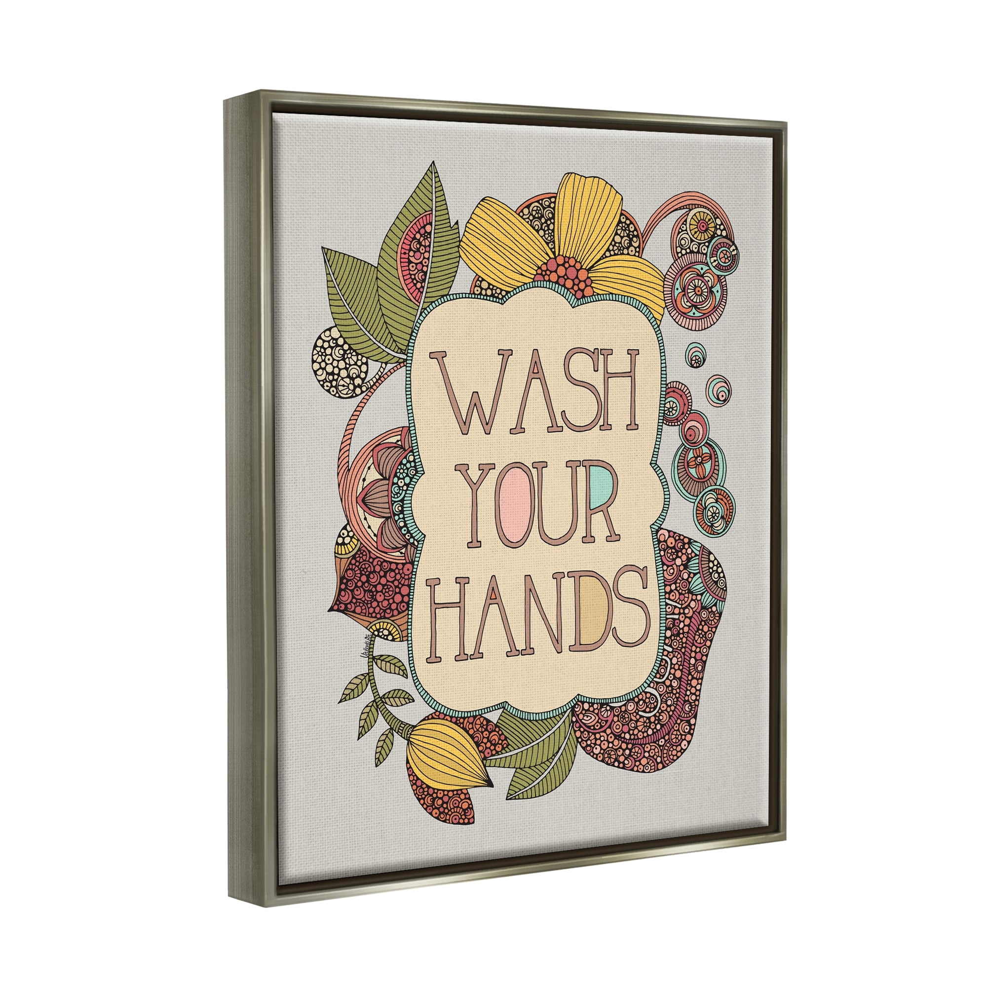Stupell Industries Wash Your Hands Bathroom Sign Intricate Floral Details Graphic Art Luster Gray Floating Framed Canvas Print Wall Art, Design by Valentina Harper