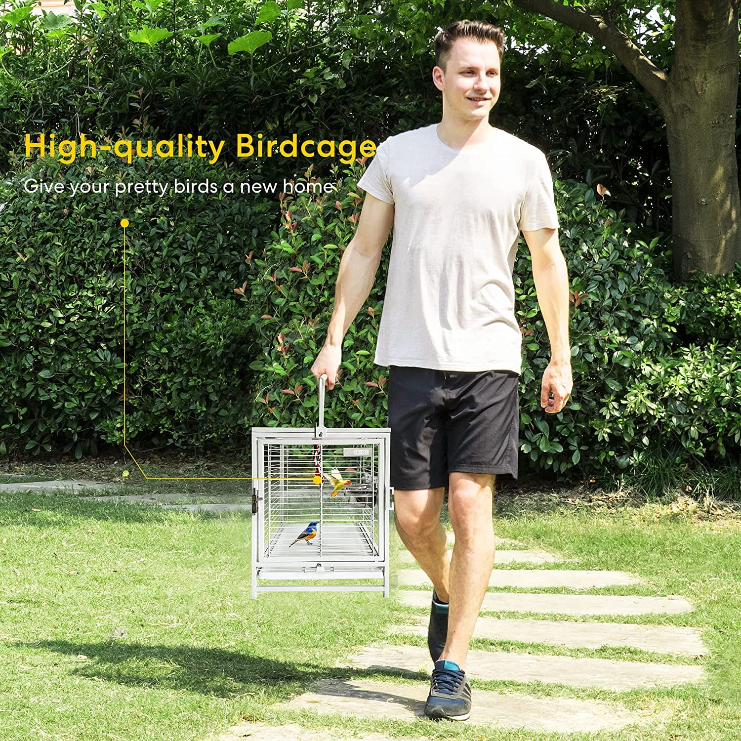 SPECSTAR 19 Inch Wrought Iron Bird Travel Carrier Cage for Parrots Conures Lovebird Cockatiel Parakeets White