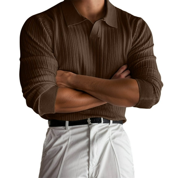 Krdevn Mens Shirts - Men's Spring and Autumn Solid Colour Lapel Pullover Slim Version Of Casual Style Long Sleeved T Shirt,Mens Fall Shirts,Color:Brown,Size:XL