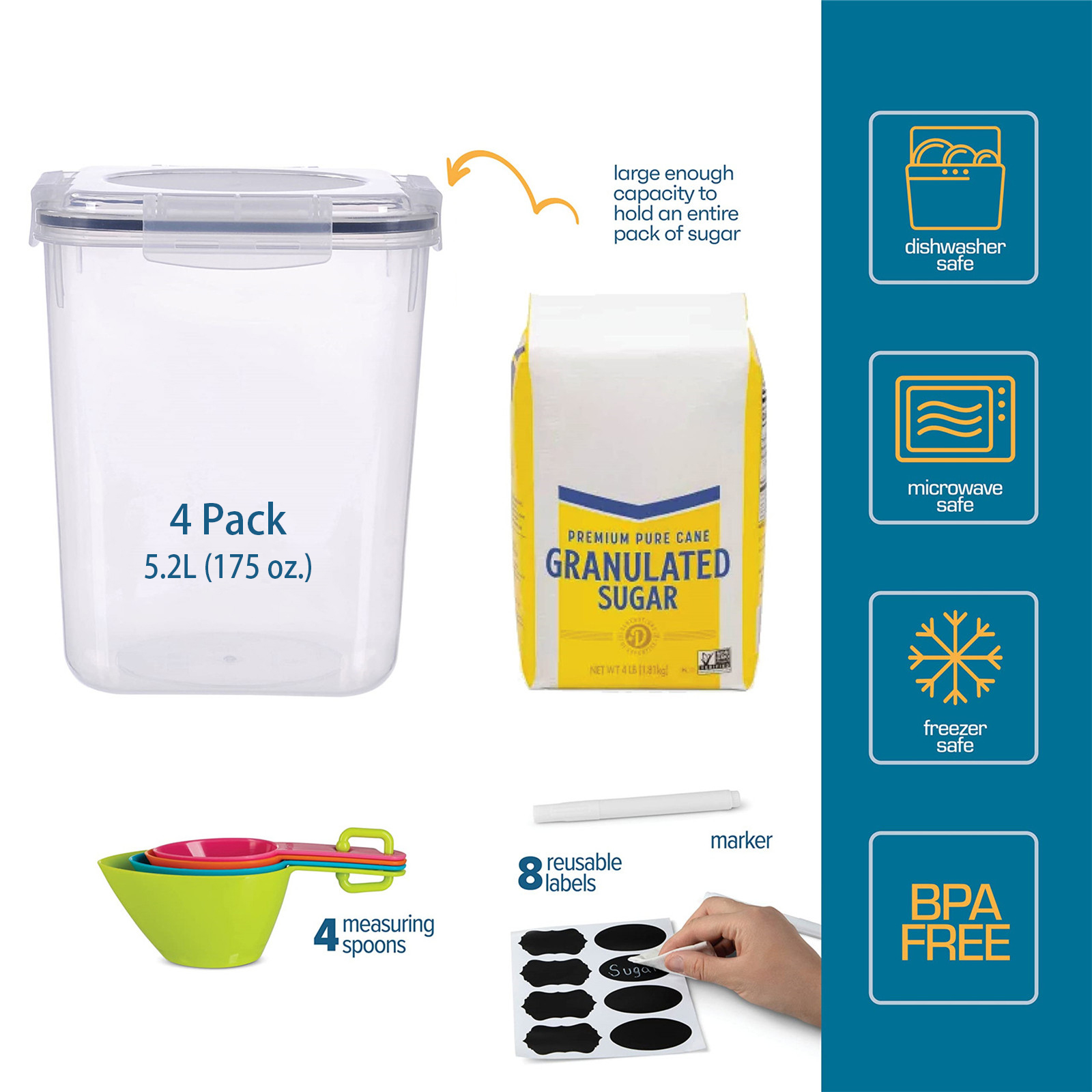 4 Pack Large Food Storage Containers with Lids – 5.2L Airtight Kitchen Canisters for Flour, Sugar, Rice, Pasta & Pantry Organization, BPA-Free Plastic, Stackable