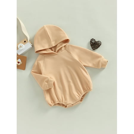 

IMISSILLEB Infant Baby Spring Autumn Romper Solid Color Long Sleeves Hood Jumpsuit for Boys Girls 0-18 Months