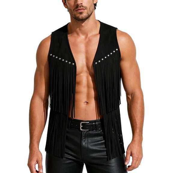 Kilaqueen Men's Western Fringe Vest, Faux Suede V Neck Sleeveless Cowboy Waistcoat with Tassel Trim, Vintage Costume Layer for Festivals and Rodeo Outfits