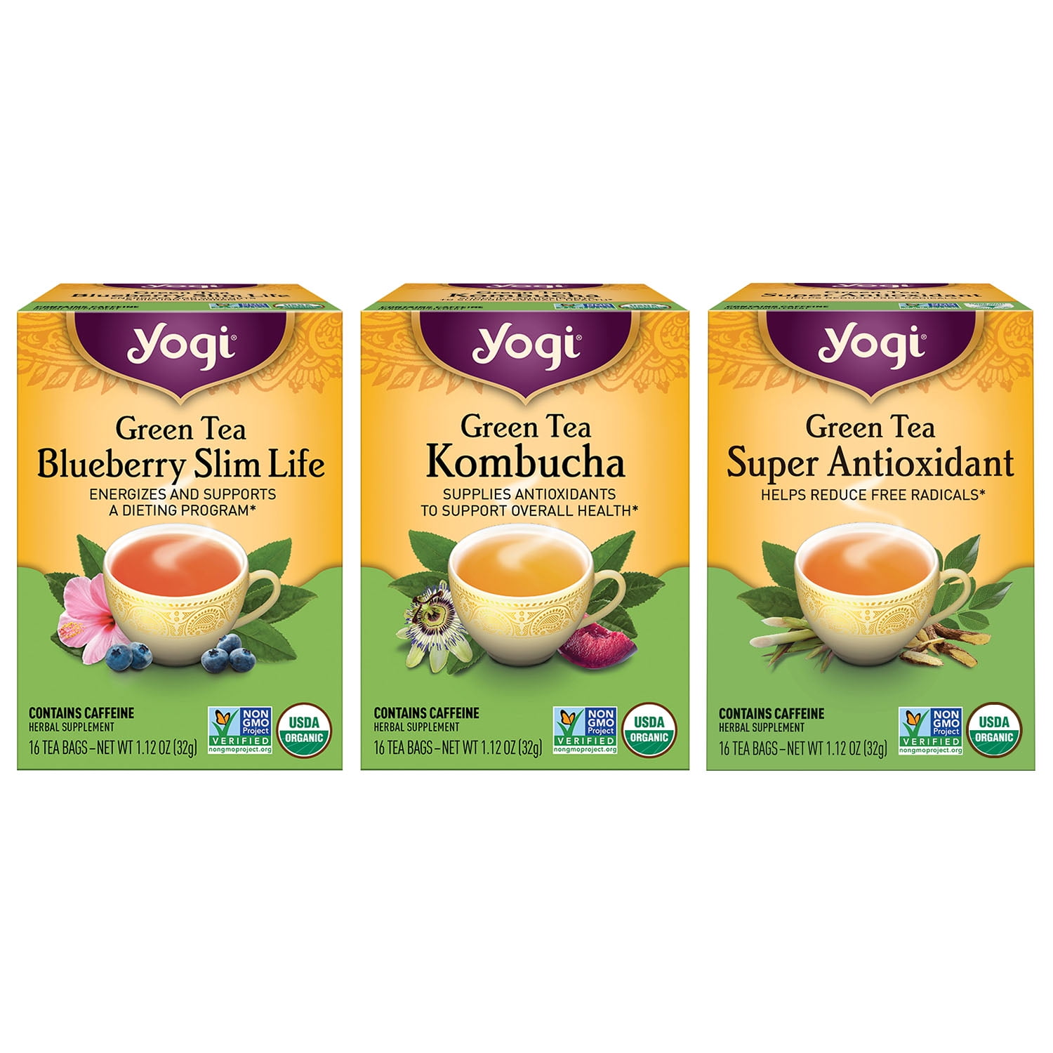 Yogi Tea Green Tea Variety Pack Sampler, Wellness Tea Bags, 3 Boxes of 16