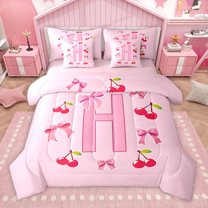 Homewish Letter H Monogrammed 7-Piece Bedding Comforter Set,Cute Cartoon Bowtie King Bedding Sets,Red Sweet Cherry Bed Sheets For Girls Kids,Microfiber Room Decorative Reversible