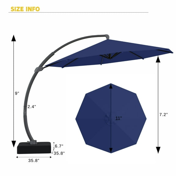 Patiokingdom 11 ft. Offset Cantilever Patio Umbrella with Base Included, Large Square Aluminum Outdoor Umbrella, Navy
