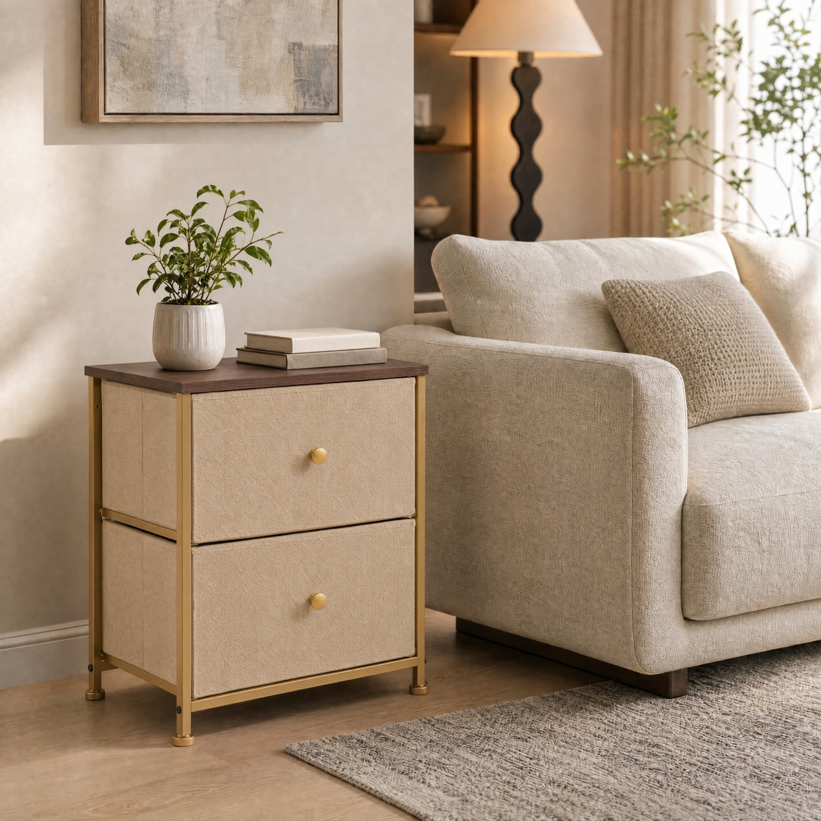 Telyra Fabric Nightstand with 2 Drawers 20" Bedside Table with Wood Top and Steel Frame Small Storage Organizer, Khaki