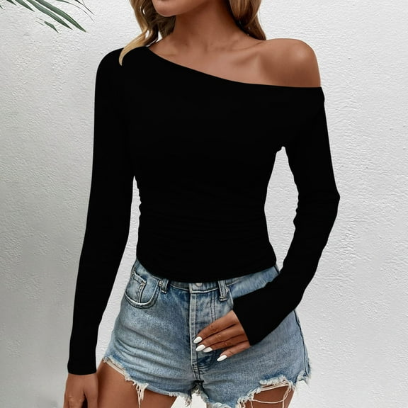 Sakmal Fashion Tops for Women Black One Shoulder Tops Long Sleeve Crew Neck Solid Tops for Women
