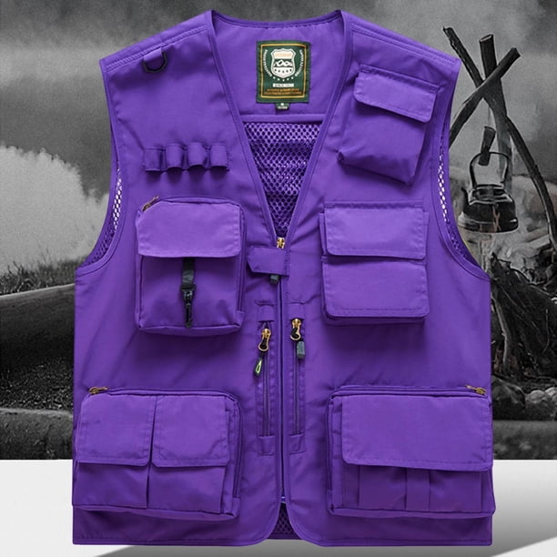 Ceisia Men's Loose Fit Outdoor Utility Vest Multi-Pocket Breathable Mesh Lining V-Neck Fishing Hiking Volunteer Waistcoat Gifts Purple 3X
