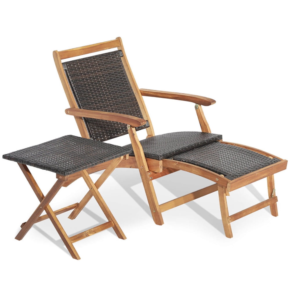 Aimee Lii 2 Pieces Patio Rattan Folding Lounge Chair with Acacia Wood Table, Patio Loungers Aimee Lii 2 Pieces Patio Rattan Folding Lounge Chair with Acacia Wood Table, Patio Loungers
