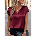 thumbnail image 2 of Deago Women Silk Satin Tops Cap Short Sleeve Blouse Summer V Neck Work Shirts Business Casual Dressy Outfits (Red, M), 2 of 9