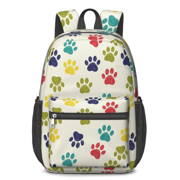 Dog Paw Print Beige Pattern 17" Waterproof Oxford School Backpacks for Teens, S-Shape Padded Straps, for School, Travel, Hiking, Camping