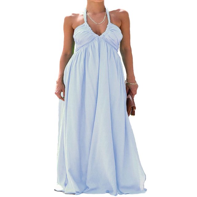 POINTERTECK Ladies‘ Tie-Up Halter Neck Dress in Solid Color for Summer Casual Wear