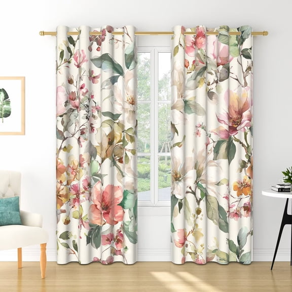 Nanqianyi Boho Watercolor Floral Magnolia Blackout Curtains with Grommets, Pink Green Beige Window Treatments, Thermal Insulated, 2 Panels, 42"W x 84"L