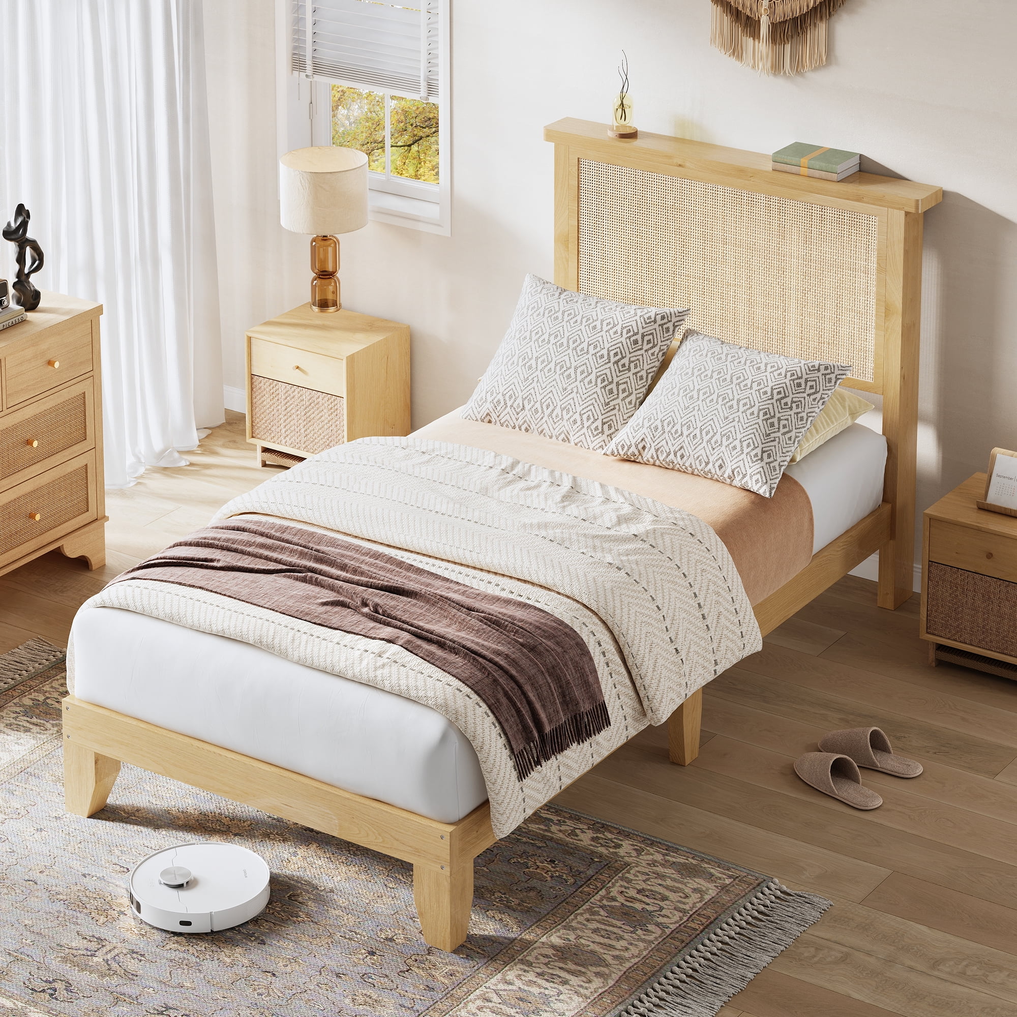 Twin Rattan Bed Frame, Bohemian Rattan Bed Frame Twin with Natural Headboard, LED Lights, No Box Spring Needed