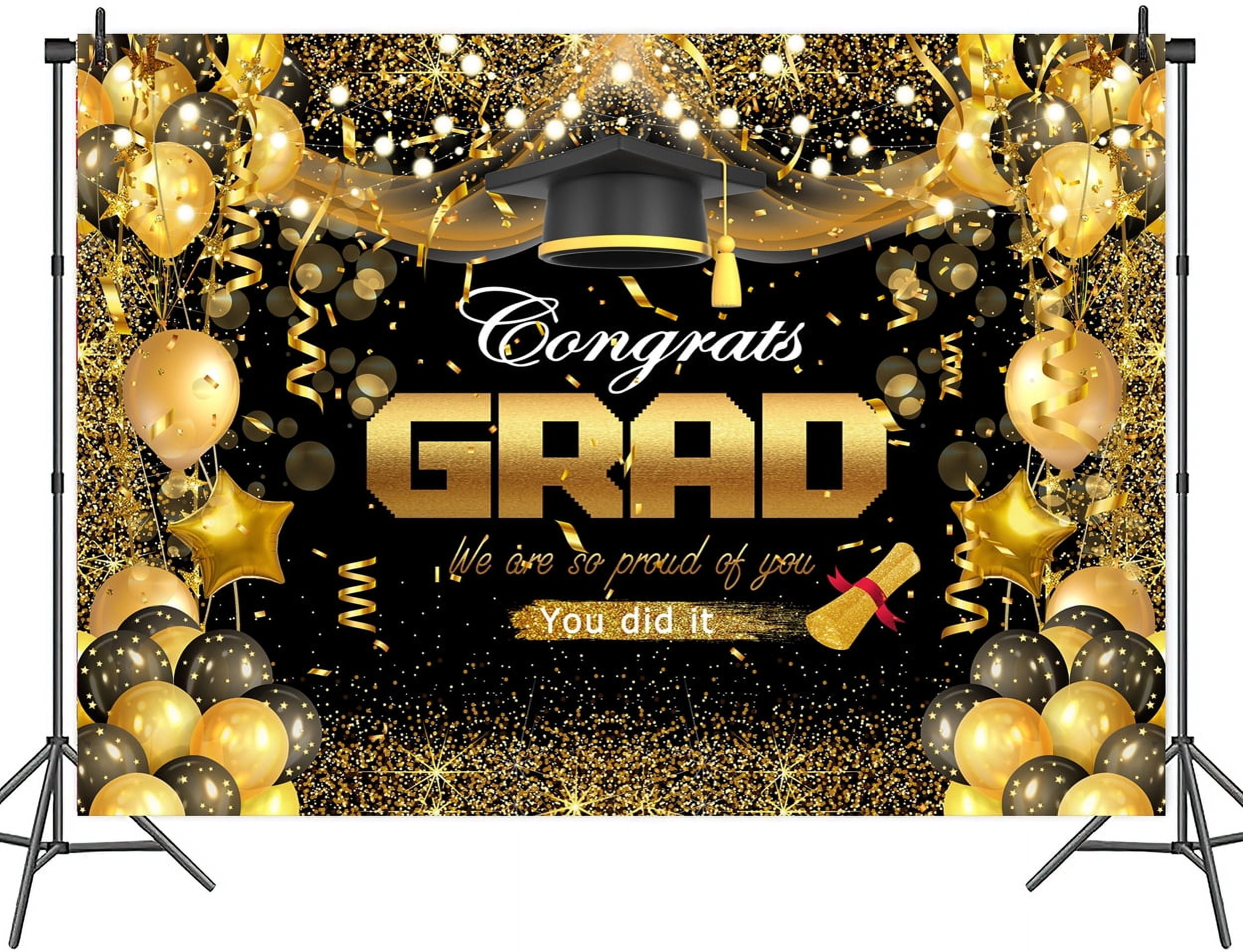 7 x 5 ft Congrats Graduation Backdrop Black Gold Glitter Balloons Celebrating Class of 2025 Party Background Graduate Party Ceremony Portrait Deocrations Props Banner
